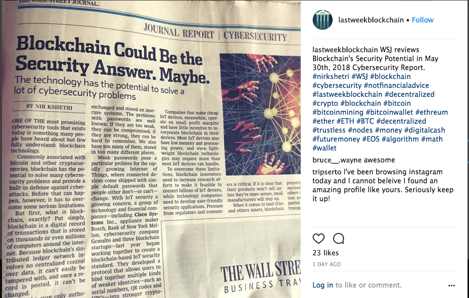  Article photographed by me, and posted on  @LastWeekBlockchain  IG Account. 
